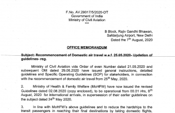 Recommencement of Domestic air travel w.e.f. 25.05.2020. Updation of guidelines. (As on August 2nd)